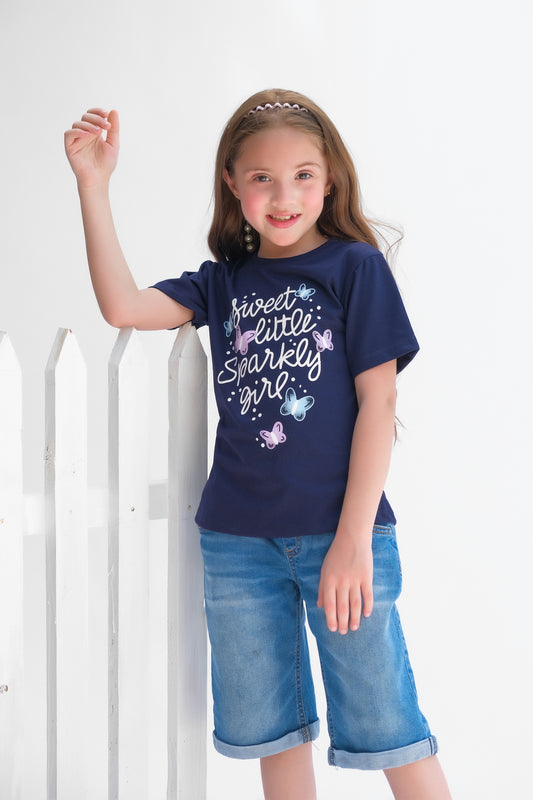 Sweet Little Sparkly Girls Half Sleeves T-shirts for Kids - Navy Blue