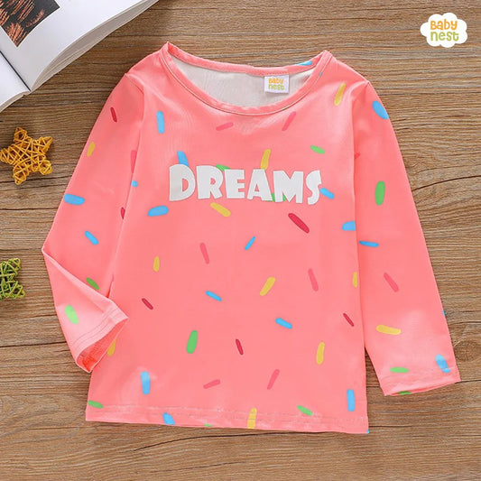 Dream Full Sleeves Round Neck T-Shirt  For Girls -Pink- SBT- 333