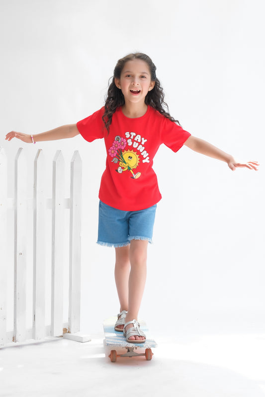 Stay Sunny - Half sleeves T-shirts For Kids - Red - SBT-349