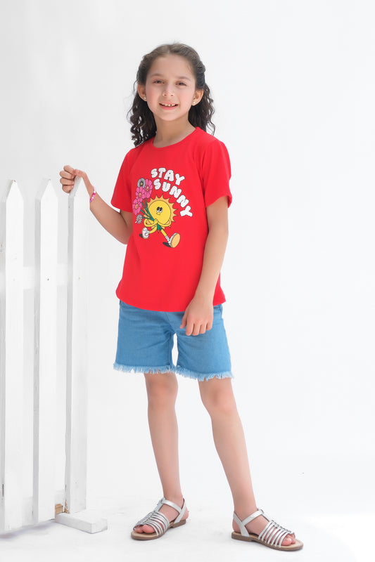 Stay Sunny - Half sleeves T-shirts For Kids - Red - SBT-349