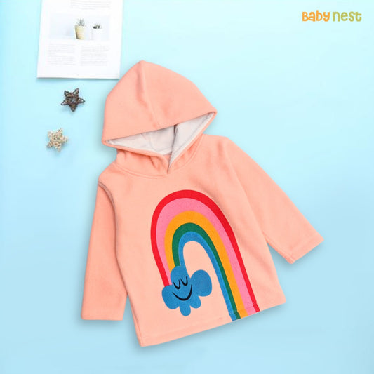 Printed Rainbow Clouds Fleece Full Sleeves  Hoodie  Peach