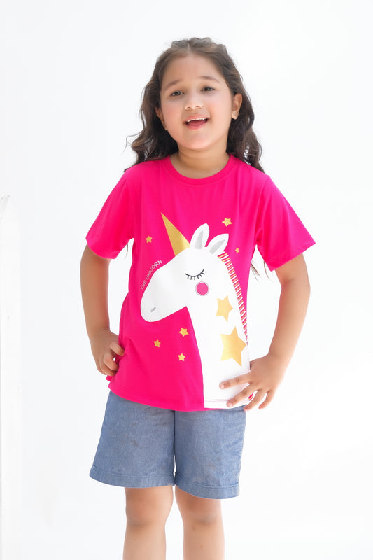 The Unicorn Star  Half Sleeves T-shirts For Kids - Dark Pink