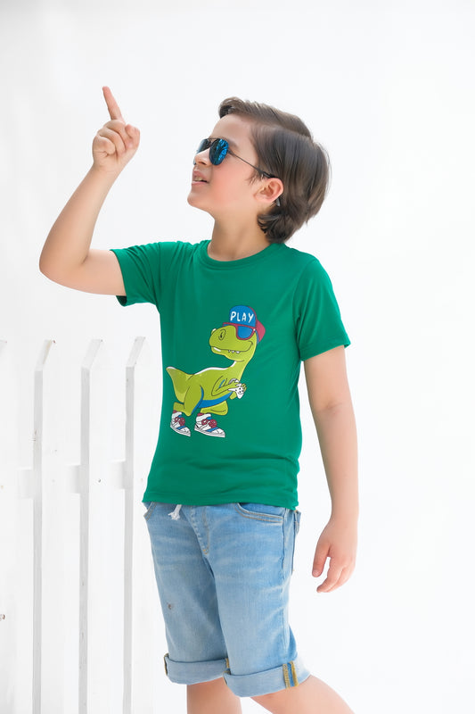 Cool Dino - Half sleeves T-shirts For Kids - Green - SBT-339