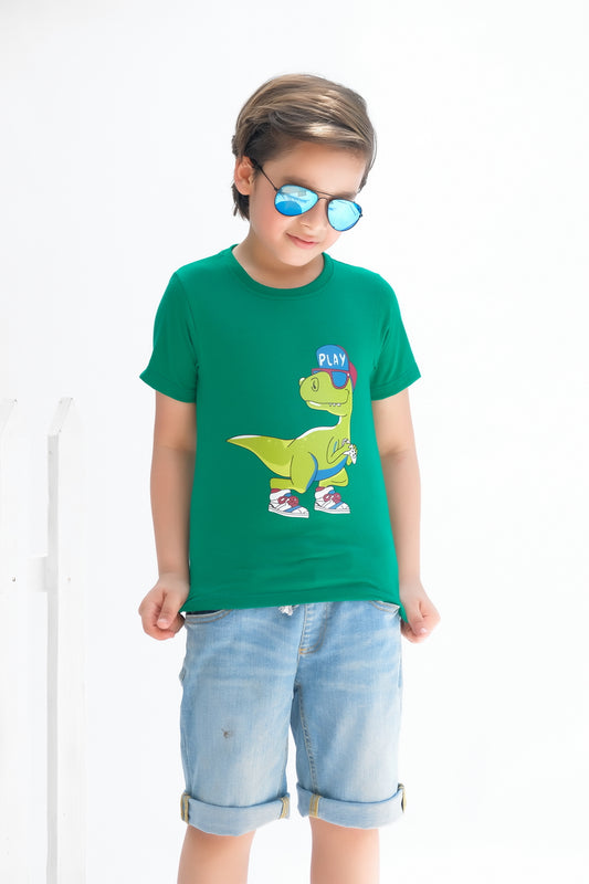 Cool Dino - Half sleeves T-shirts For Kids - Green - SBT-339