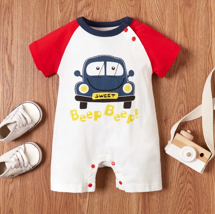 Baby Half Romper - Beep Beep - Red &  White