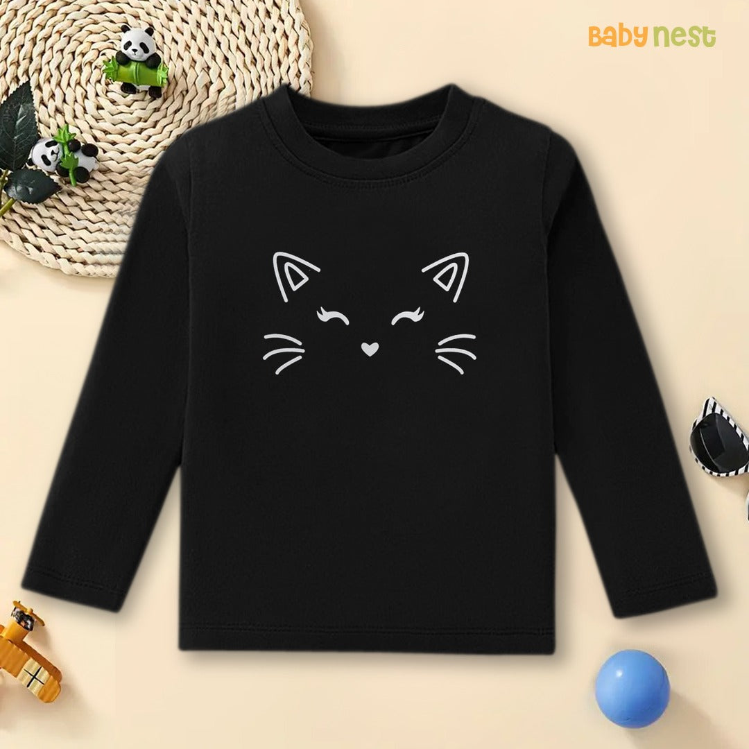 Black Cat Face Adorable Printed Full Sleeves T-shirt for Kids