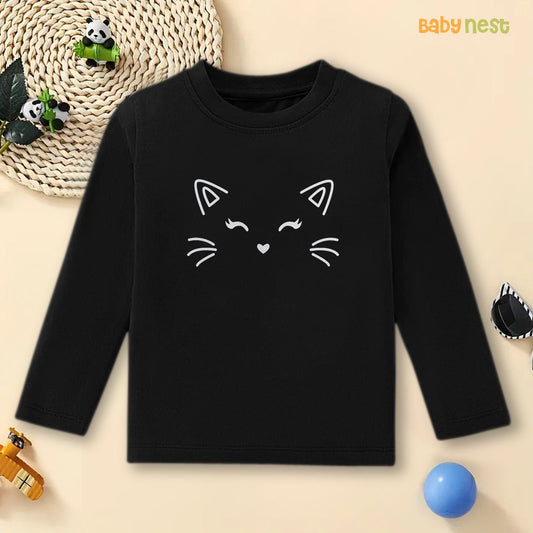 Black Cat Face Adorable Printed Full Sleeves T-shirt for Kids