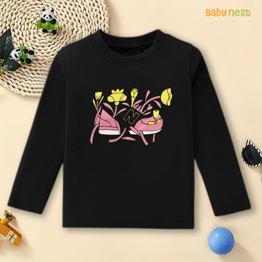 Black Floral Fun Kicks Printed Full Sleeves T-shirt for Kids