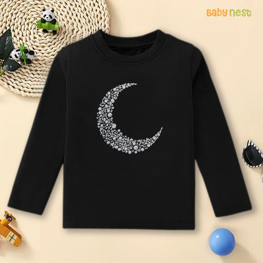 Black Moonlit Blossoms Printed Full Sleeves T-shirt for Kids