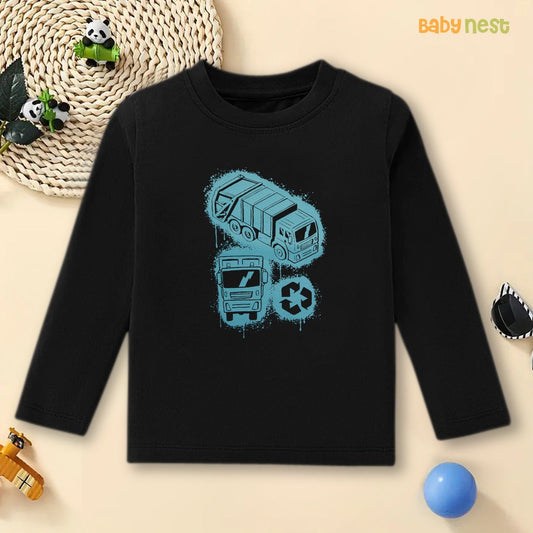 Black Recyled Truch Waste Warriors Printed Full Sleeves T-shirt for Kids