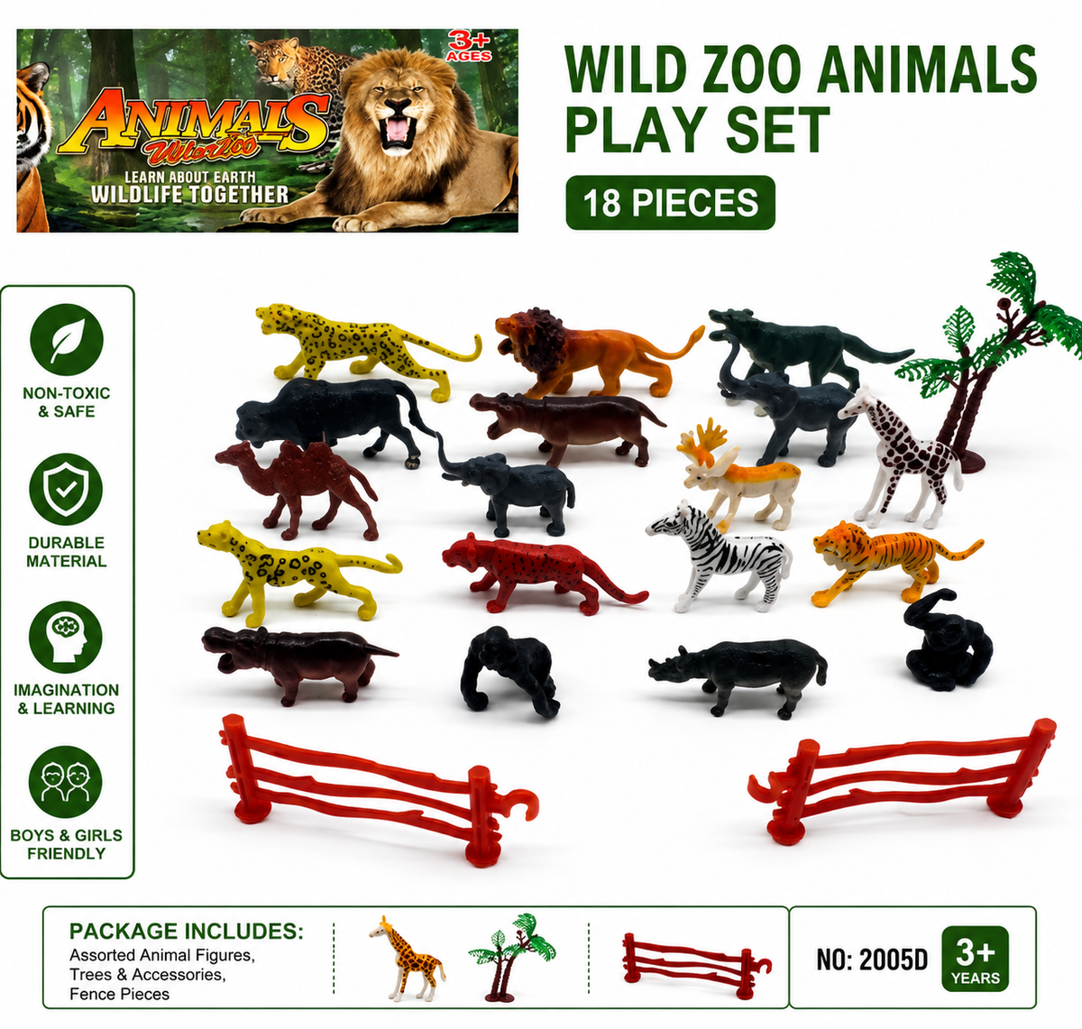 Animal Kingdom Wild Zoo Animals Play Set – 18 Pieces (NO: 2005D)