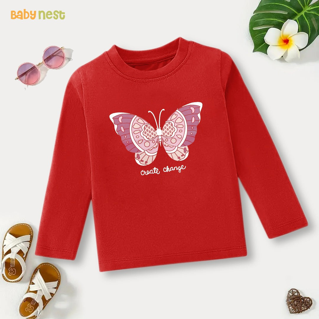 Create Change with Butterfly Magic Printed Full Sleeves T-shirt for Kids - Red