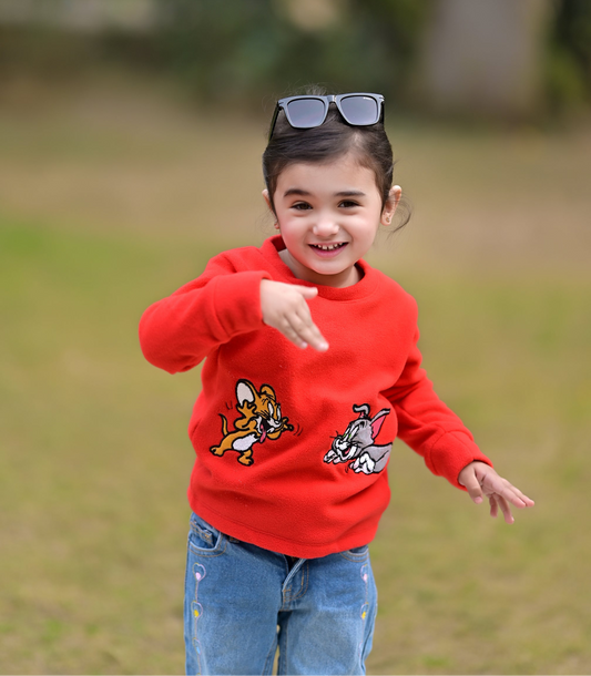 Embroidered Tom & Jerry Full Sleeves Sweatshirt for Kids - Red