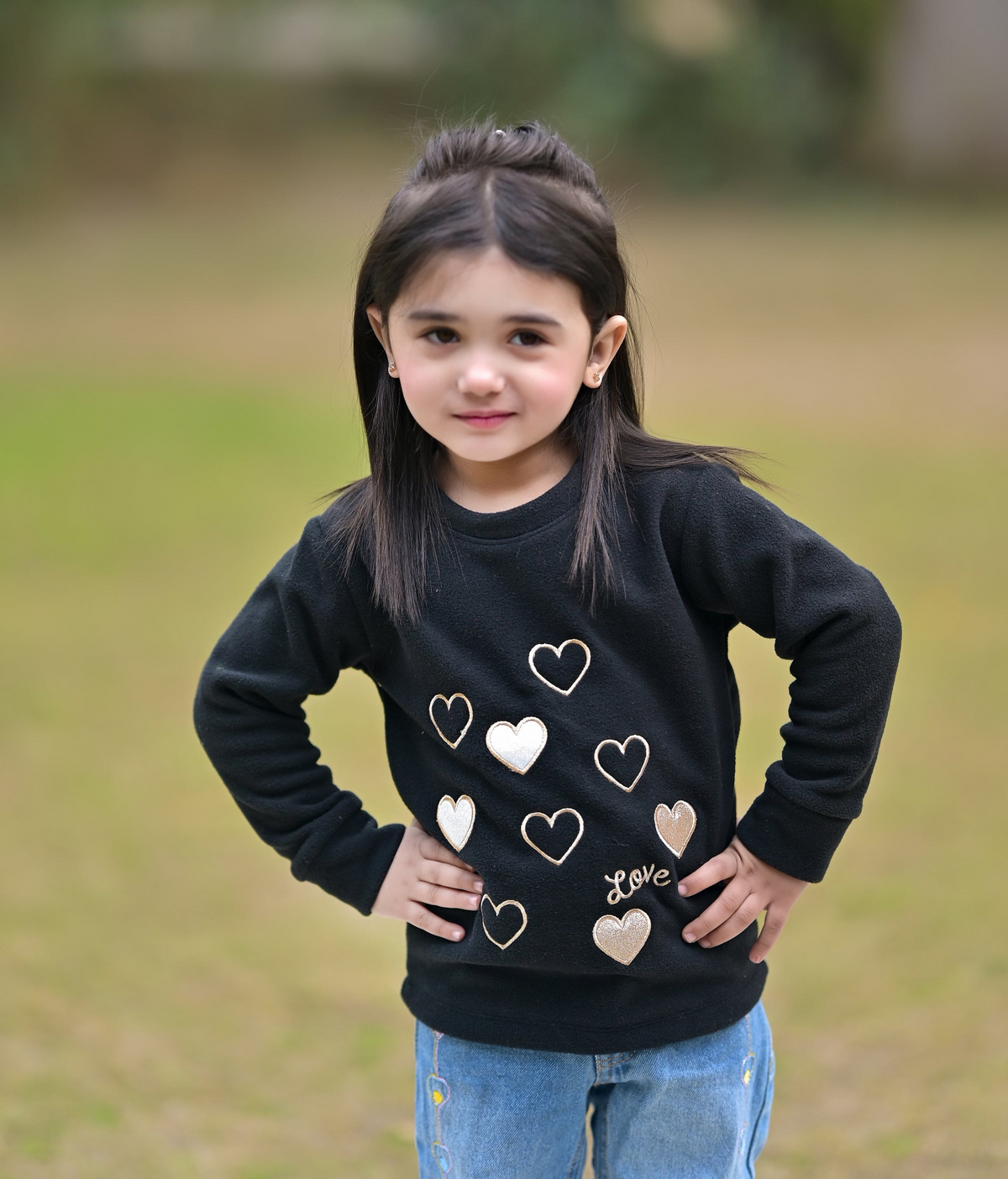 Embroidered Love Heart Shape Full Sleeves Sweatshirt for Kids - Black