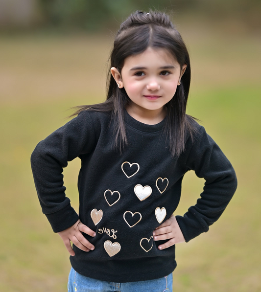 Embroidered Love Heart Shape Full Sleeves Sweatshirt for Kids - Black