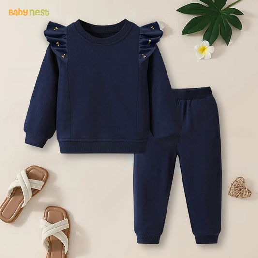 Navy Gold Charm Ruffle Full Sleeves Fleece Tracksuit for Girls