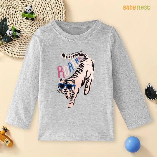 Gray Cool Tiger Roar in Shades Printed Full Sleeves T-shirt for Kids