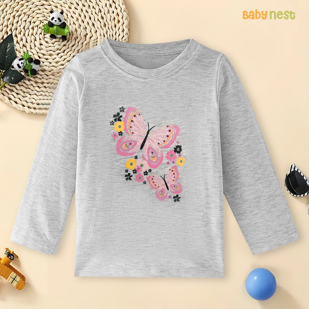 Gray Fluttering Butterflies in Bloom Printed Full Sleeves T-shirt for Kids