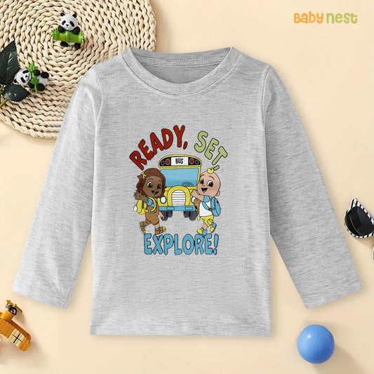 Gray Ready, Set, Explore! Printed Full Sleeves T-shirt for Kids