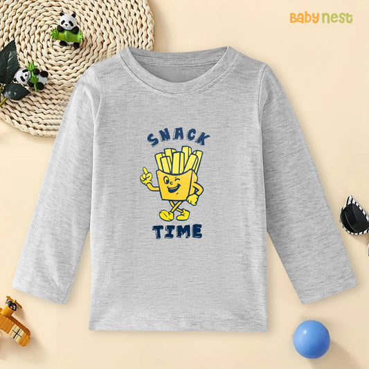 Gray Snack Time with Fries Printed Full Sleeves T-shirt for Kids