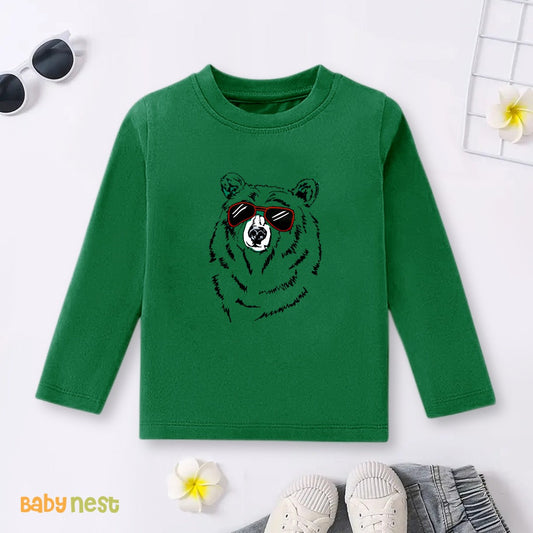 Green Cool Bear Vibes Printed Full Sleeves T-shirt for Kids