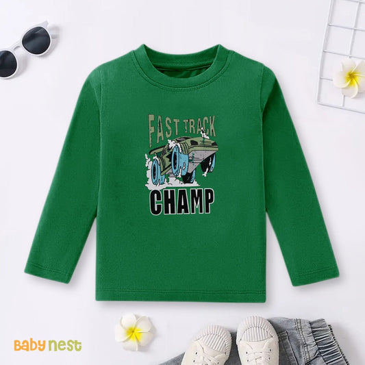 Green Fast Car Track Champ Printed Full Sleeves T-shirt for Kids