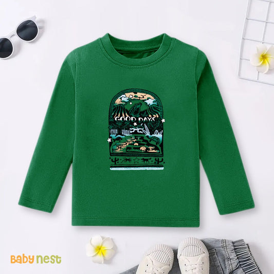 Green Good Days Ahead Printed Full Sleeves T-shirt for Kids