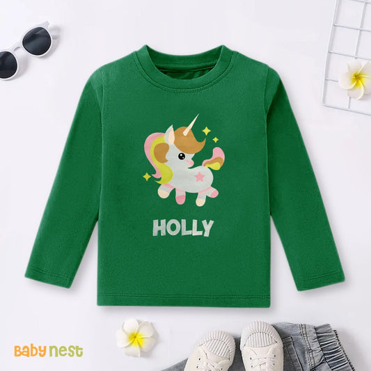 Green Mystical Holly Unicorn Printed Full Sleeves T-shirt for Kids