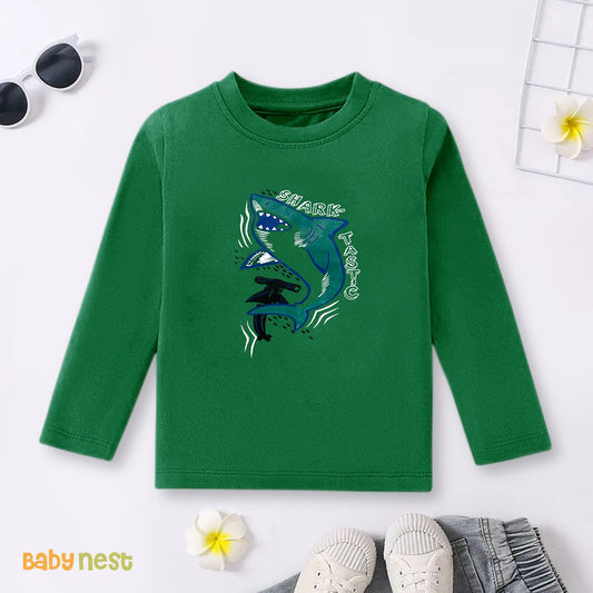 Green Shark-tastic Printed Full Sleeves T-shirt for Kids