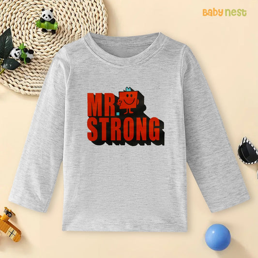 Grey Bold Mr. Strong Printed Full Sleeves T-shirt for Kids