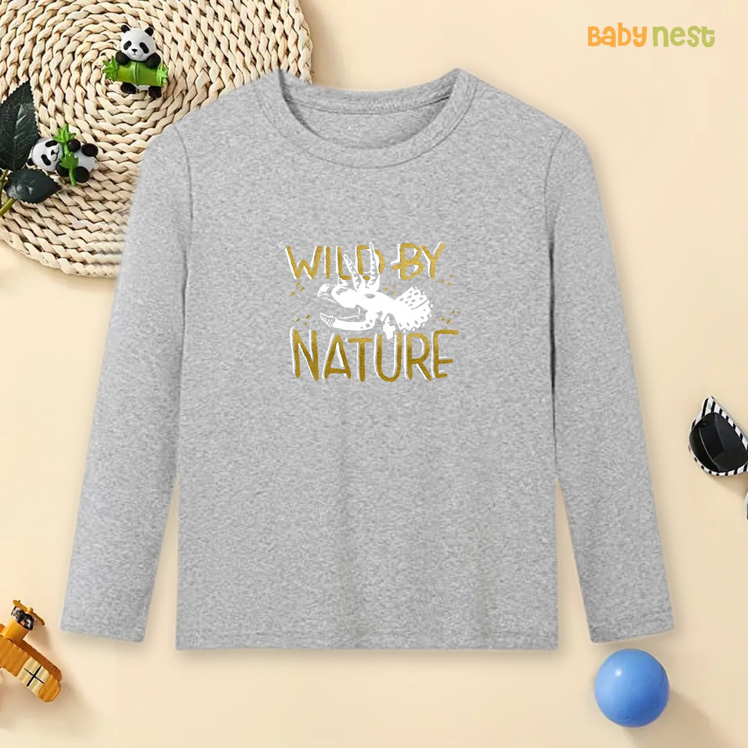 Grey Wild By Nature Printed Full Sleeves T-shirt for Kids