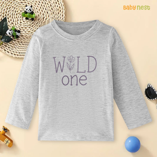 Grey Wild One Floral Printed Full Sleeves T-shirt for Kids