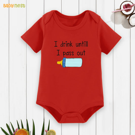 Half Sleeves Onesie with I Drink Until I Pass Out Print-Red