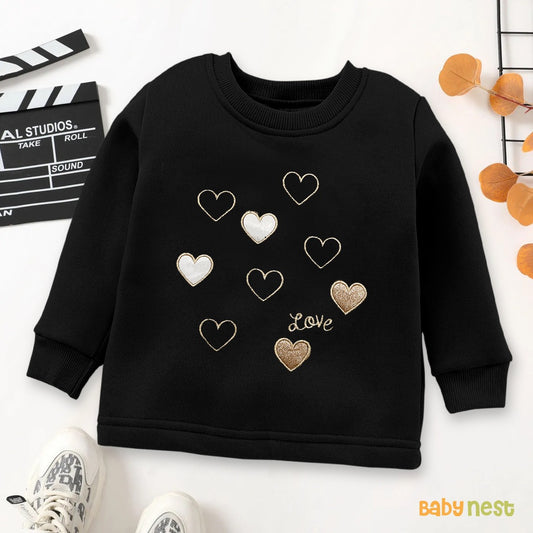 Embroidered Love Heart Shape Full Sleeves Sweatshirt for Kids - Black