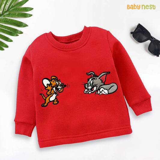 Embroidered Tom & Jerry Full Sleeves Sweatshirt for Kids - Red