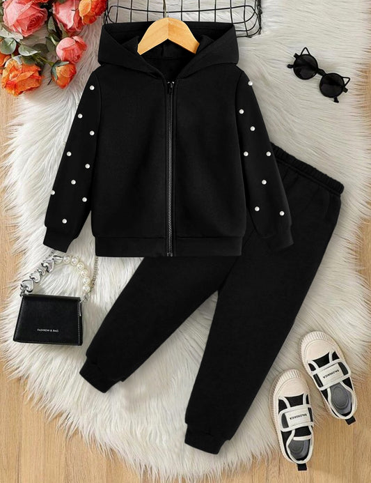 Stylish Black Pearl-Studded Zip-up Fleece Tracksuit for Kids