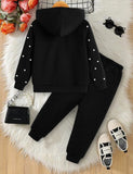 Stylish Black Pearl-Studded Zip-up Fleece Tracksuit for Kids