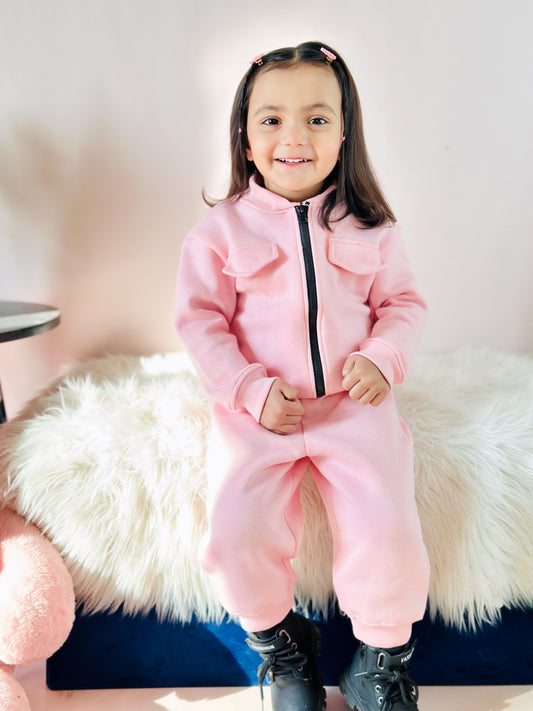 Baby Pink - Mini Style Zip Up Fleece Tracksuit for Kids