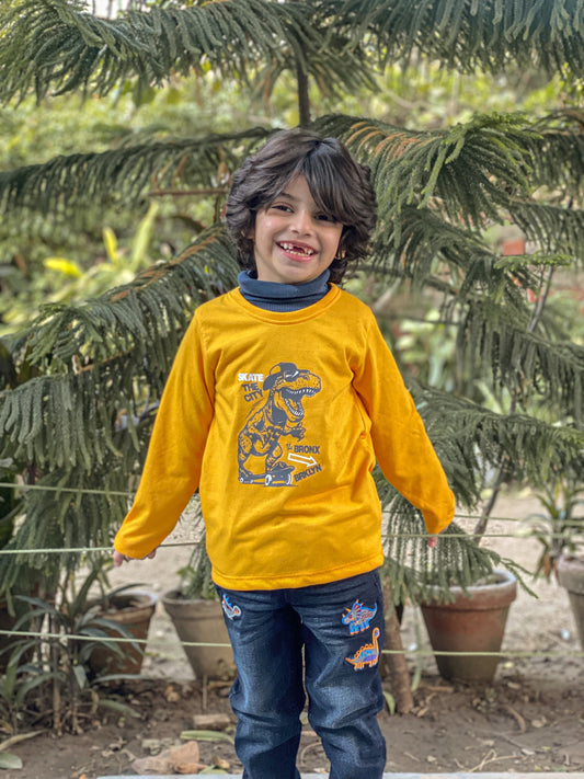 Yellow Dino Style Skate the City Printed Full Sleeves T-shirt for Kids