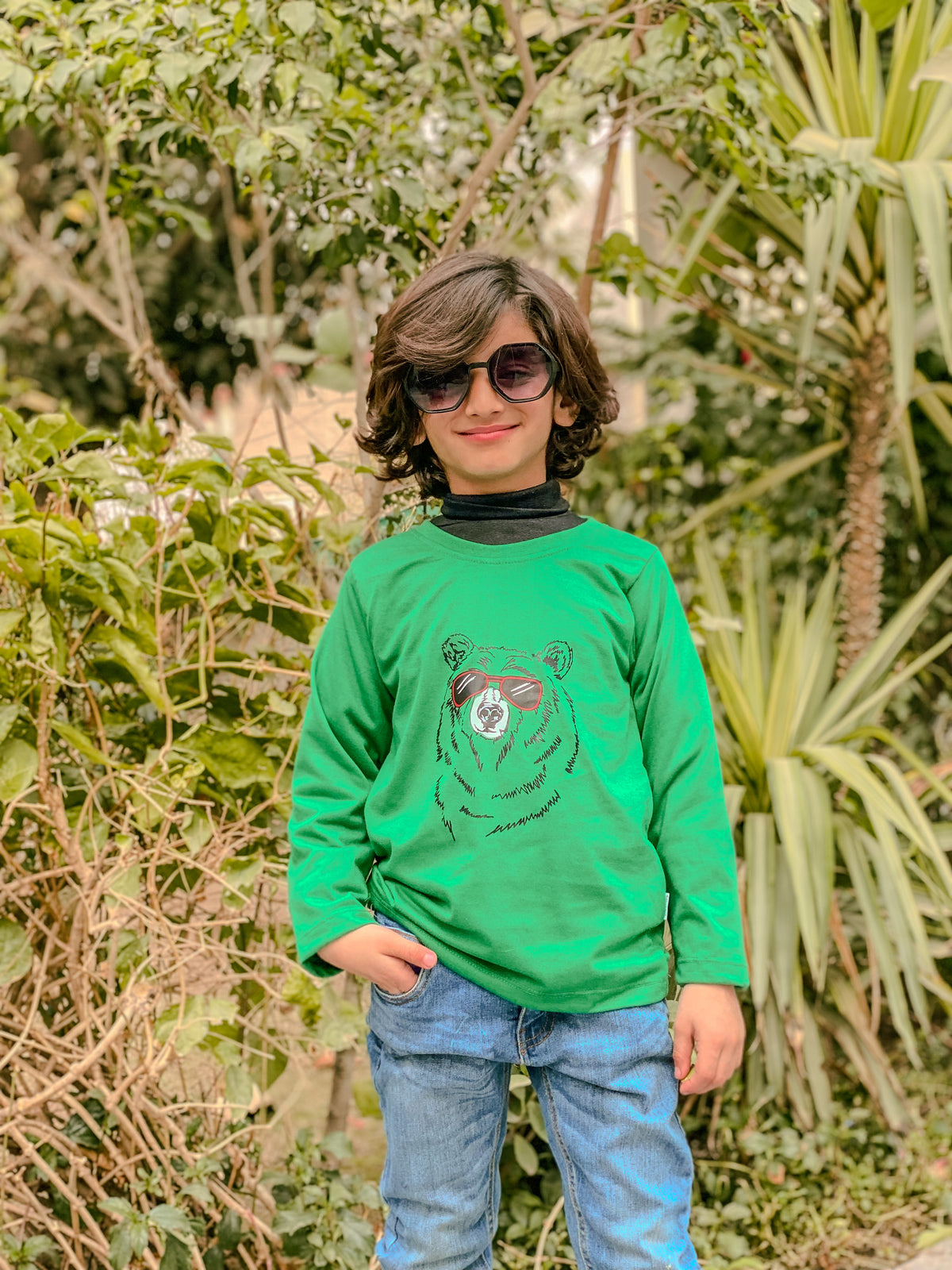 Green Cool Bear Vibes Printed Full Sleeves T-shirt for Kids
