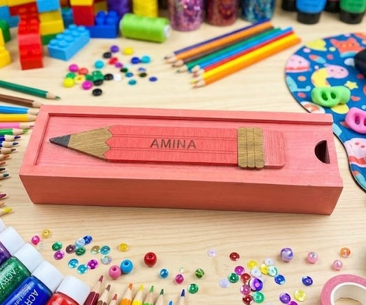 AMINA - Wooden Pencil Box with Sliding Top - Pink