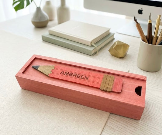 AMBREEN- Wooden Pencil Box with Sliding Top - Pink