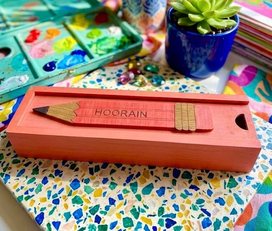 HOORAIN - Wooden Pencil Box with Sliding Top - Pink