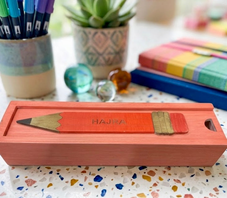 HAJRA - Wooden Pencil Box with Sliding Top - Pink