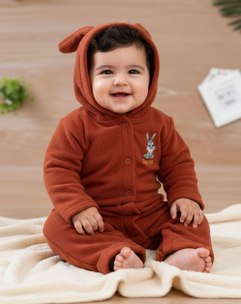 Fleece Bunny Full Sleeves Baby Jumpsuit with Snap Button - Rust