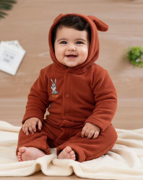 Fleece Bunny Full Sleeves Baby Jumpsuit with Snap Button - Rust