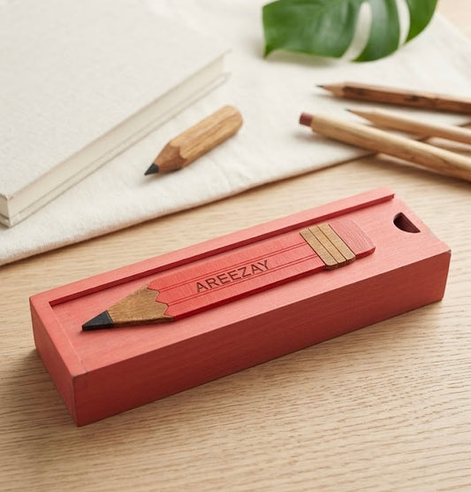 AREEZAY - Wooden Pencil Box with Sliding Top - Pink