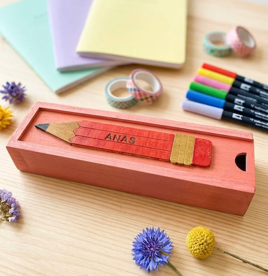 ANAS - Wooden Pencil Box with Sliding Top - Pink