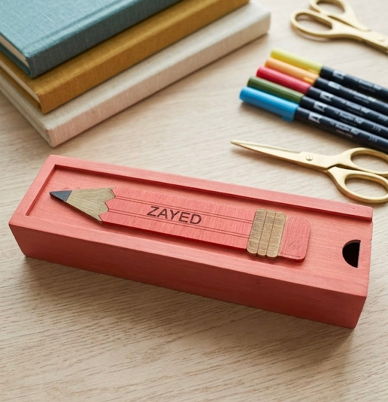 ZAYED - Wooden Pencil Box with Sliding Top - Pink