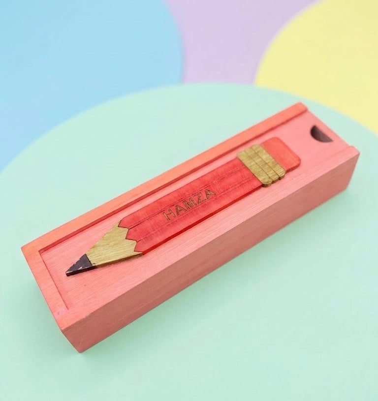 HAMZA - Wooden Pencil Box with Sliding Top - Pink